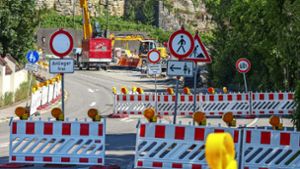 Überall Schilder: Für Autofahrer ist die Brücke über die Enz zwischen Walheim und Besigheim gesperrt. Doch es kommt noch schlimmer. In den kommenden Wochen wird auch die Bundesstraße 27 saniert Foto: /Martin Kalb