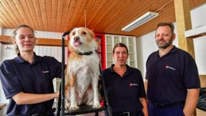 Mitglieder der Malteser Rettungshundestaffel in den neuen Räumen in Löchgau (von links): Ann-Kathrin Bartsch mit ihrem Hund Ole sowie Ute Bartsch und Helmut Fellner. ⇥
