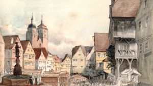 Ein historischer Blick: Buntes Treiben auf dem Marktplatz in Markgröningen während des Schäferlaufs. Eine aquarellierte Bleistiftzeichnung aus dem Jahre 1856.⇥